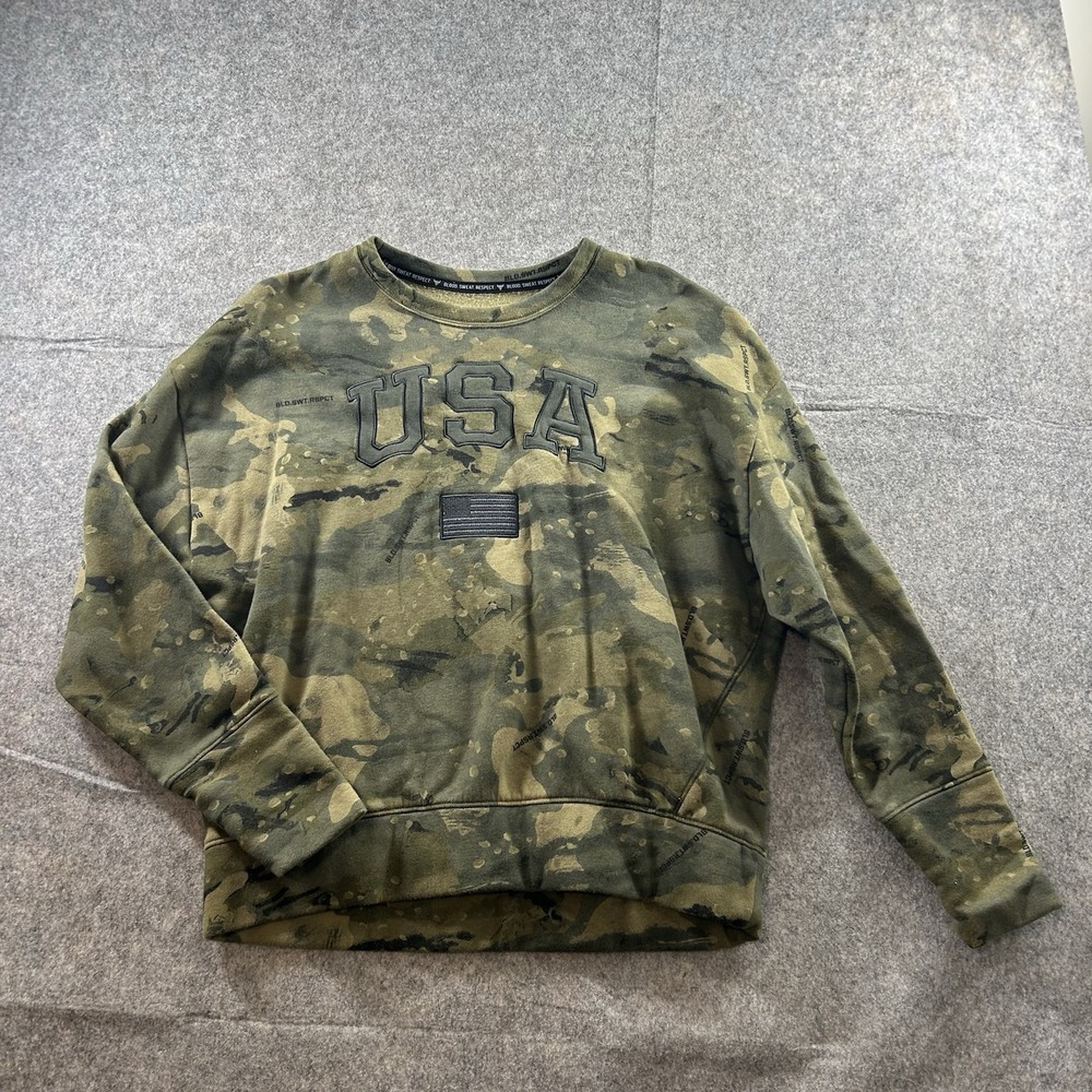 Under Armour Project Rock Sweatshirt Womens Small Green Camo USA Crew Neck